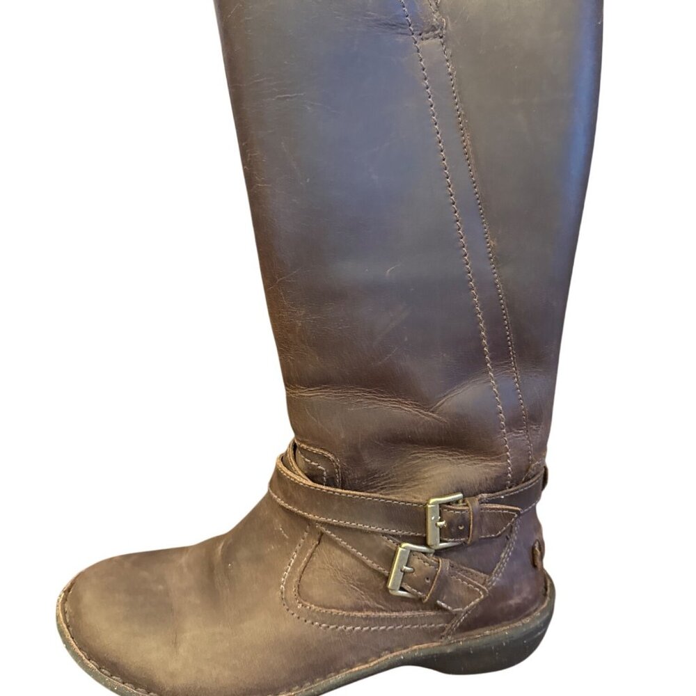 UGG Rosen Leather Tall Riding Boots Women's 8 Brown Buckle Strap Shearling Lined